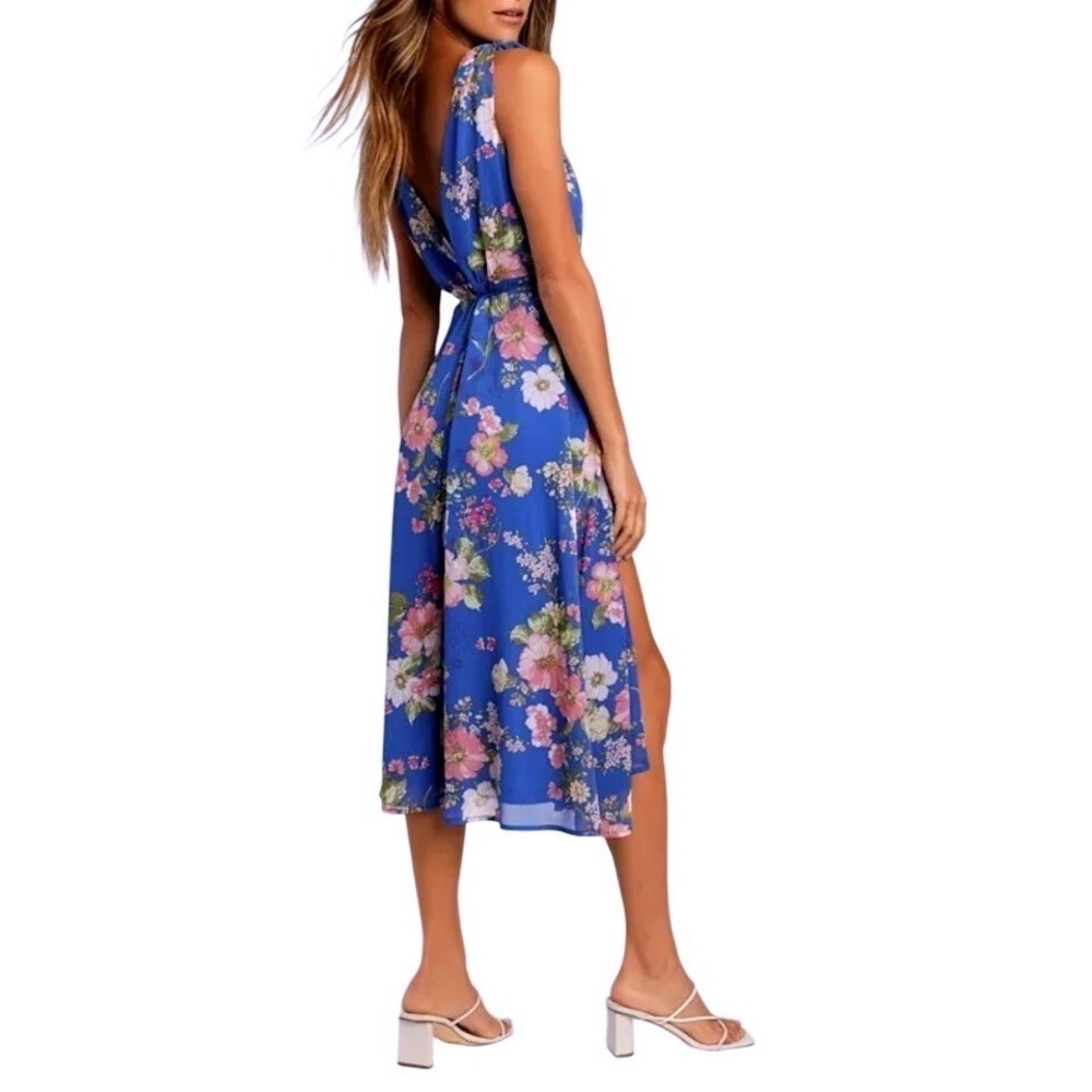 NWT Lulus Sensational Season Blue Floral Tie-Strap‎ Wrap Midi Dress S Sundress - Picture 5 of 10